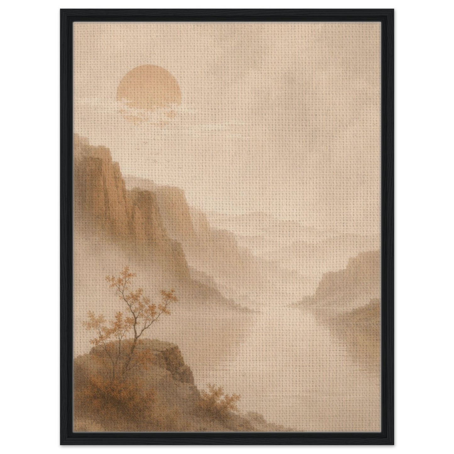 Scandinavian inspired mountain landscape with warm beige tones and soft mist in black frame