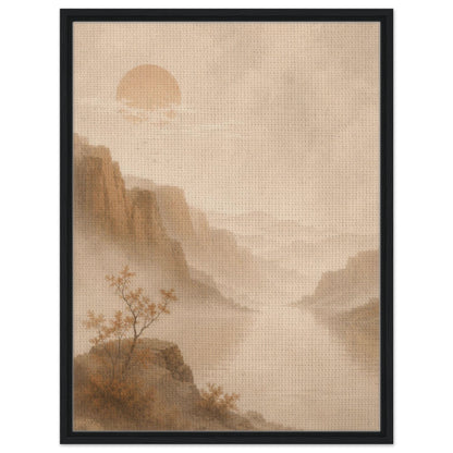 Scandinavian inspired mountain landscape with warm beige tones and soft mist in black frame