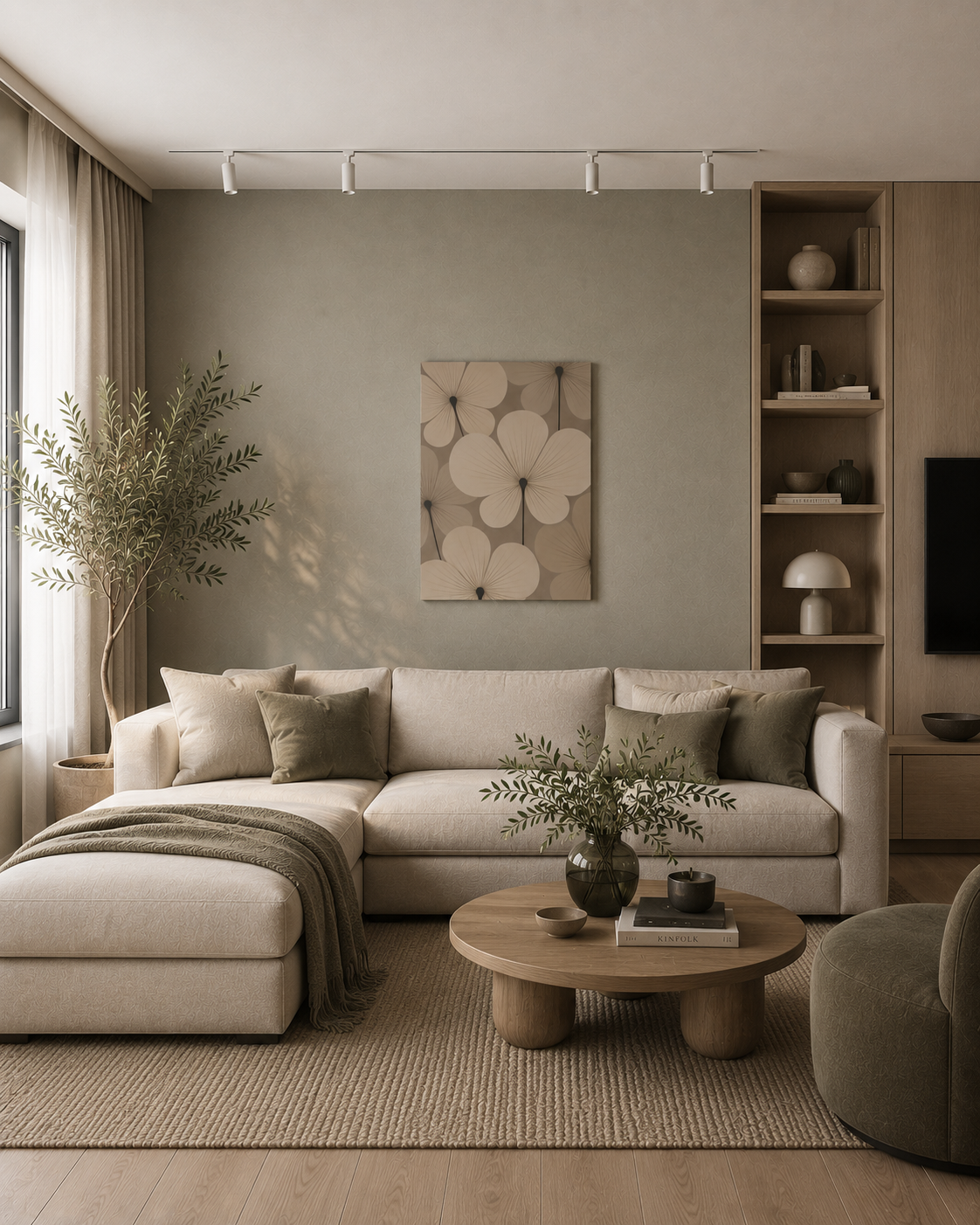 Bright Scandinavian living room with neutral floral canvas wall art and modern beige interior.