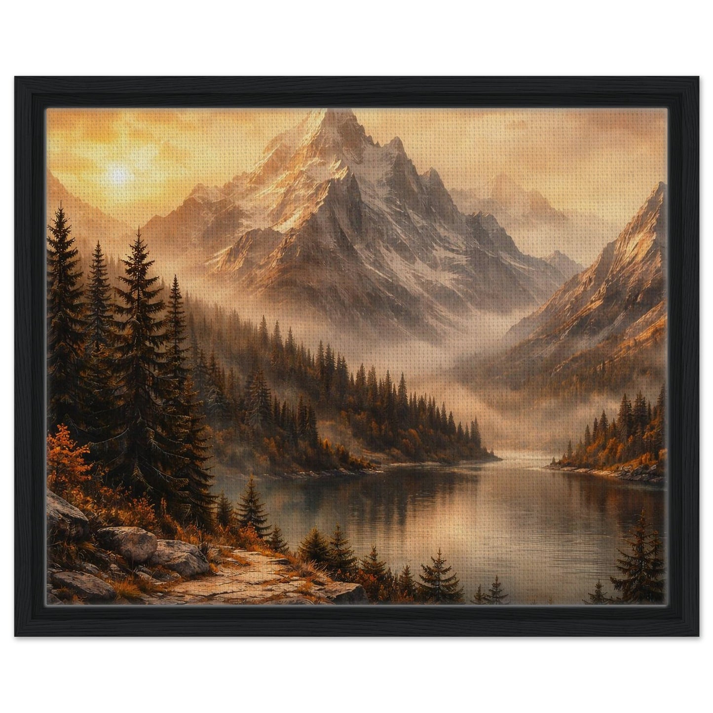 Scenic mountain forest wall art with reflective lake and warm golden sky in black frame