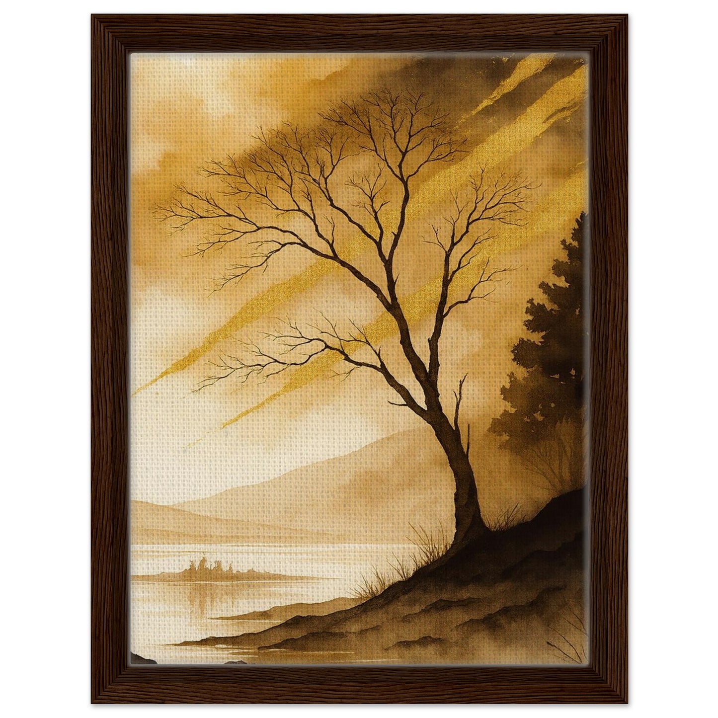 Scenic tree wall art with golden sky water and layered mountain views in black frame