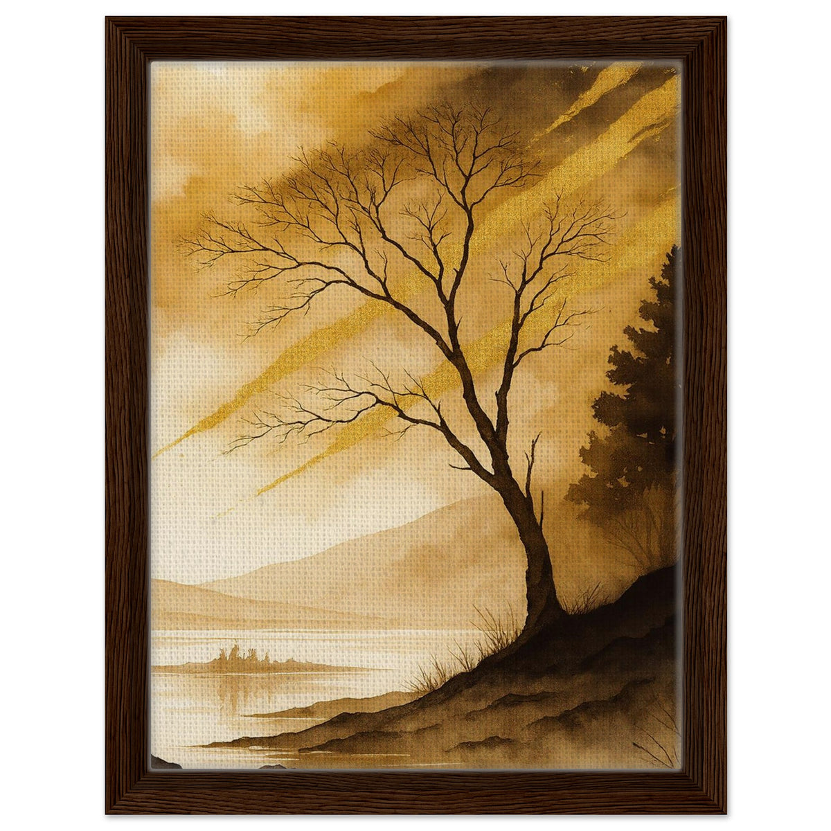 Scenic tree wall art with golden sky water and layered mountain views in black frame