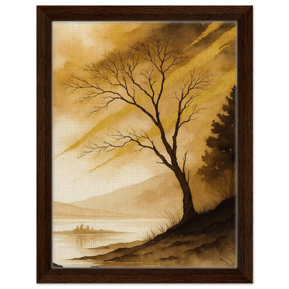 Scenic tree wall art with golden sky water and layered mountain views in black frame