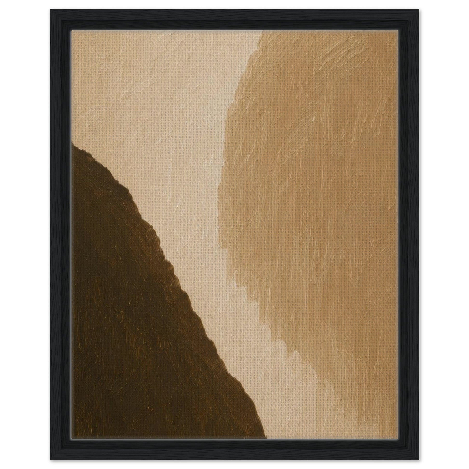 Sculptural abstract print with curved tan cream and dark brown forms in black frame
