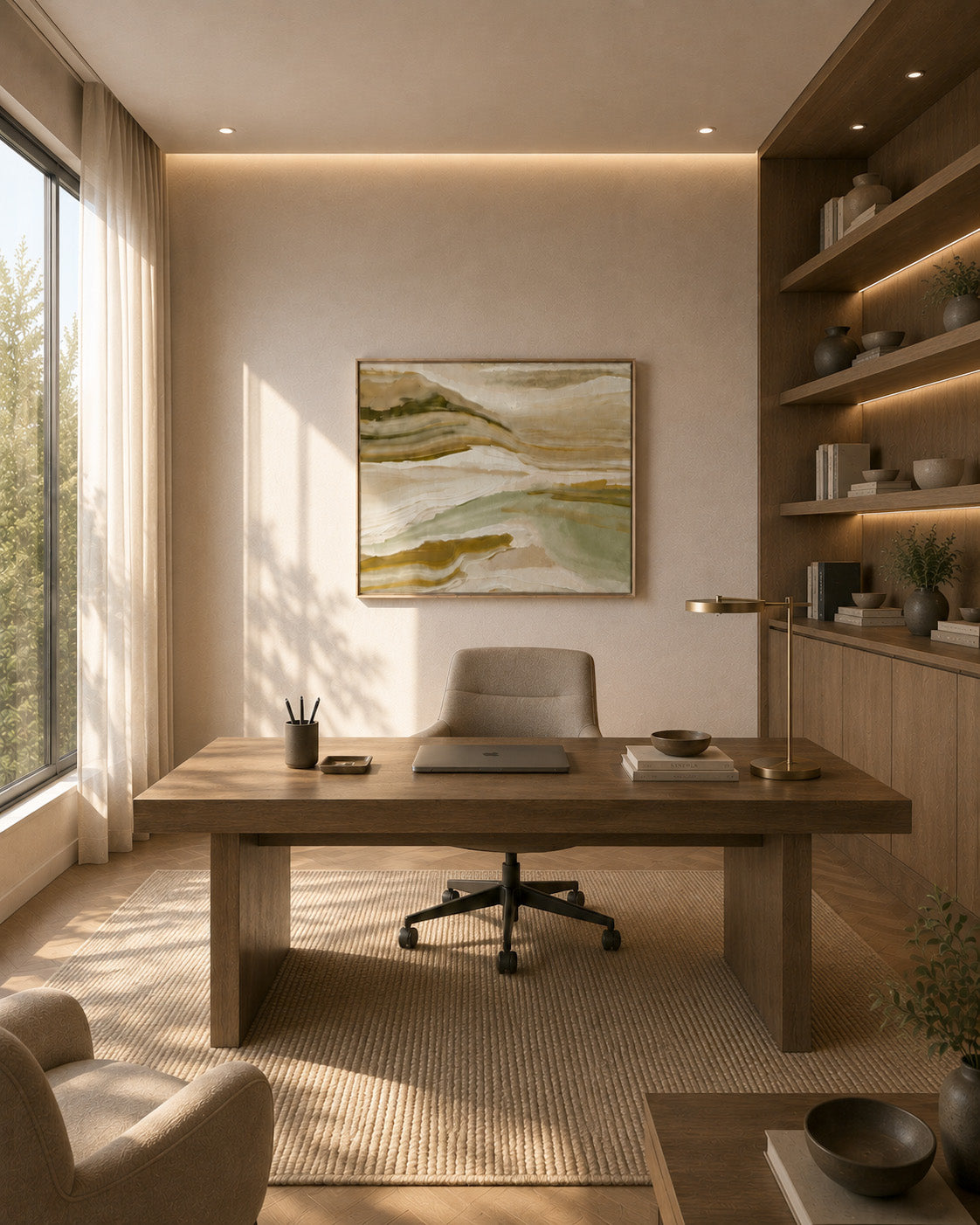 Serene abstract landscape artwork styled in a warm contemporary home office