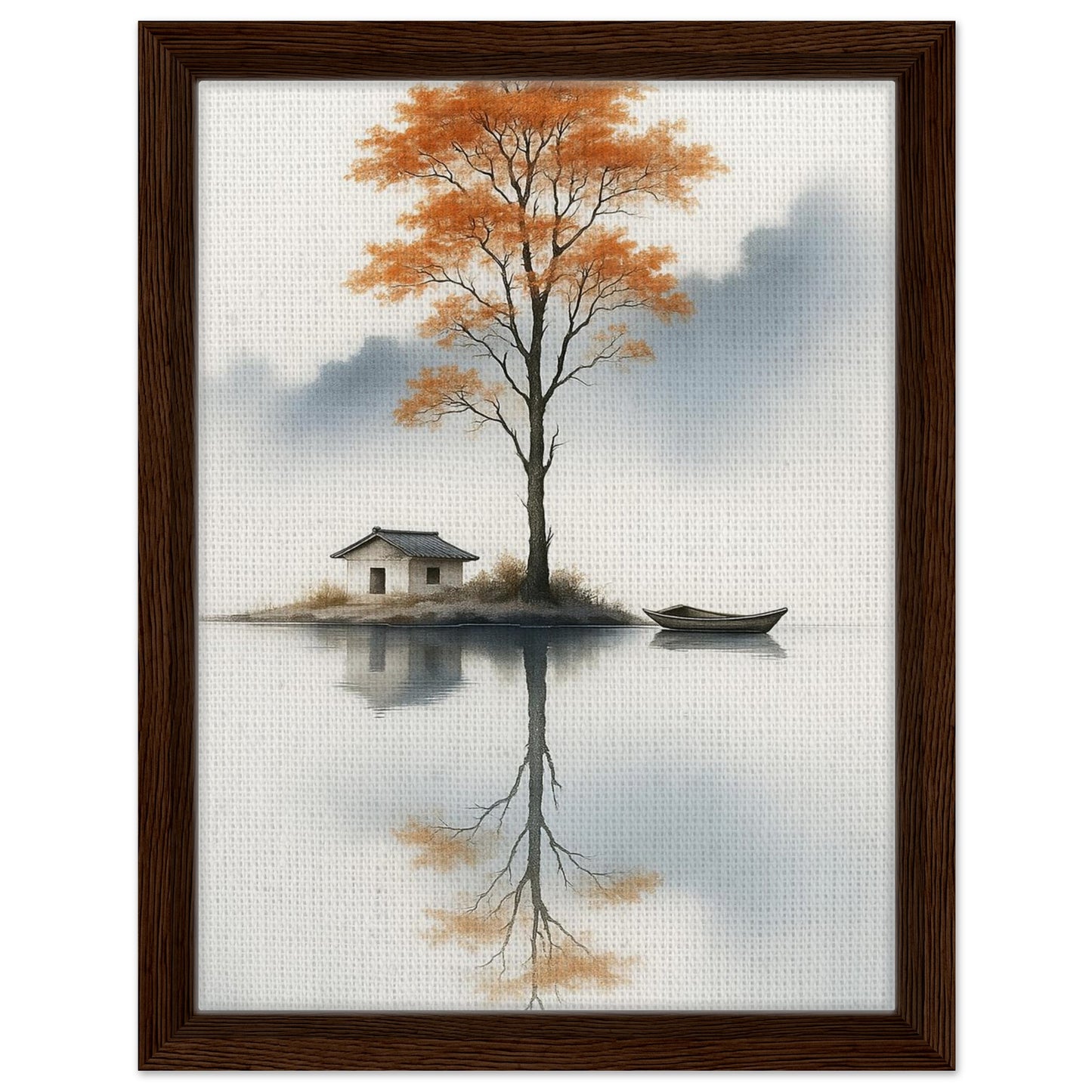 Serene autumn lake artwork with orange tree and soft mountain mist in black frame