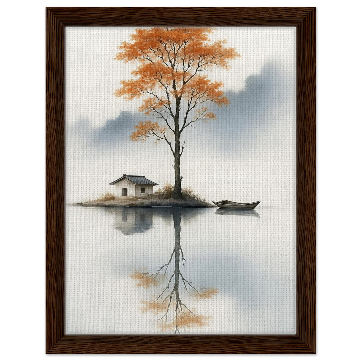 Serene autumn lake artwork with orange tree and soft mountain mist in black frame