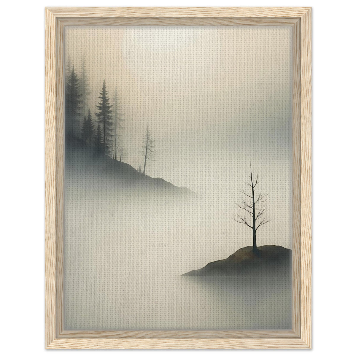 Serene fog landscape with solitary tree and atmospheric pine forest in black frame