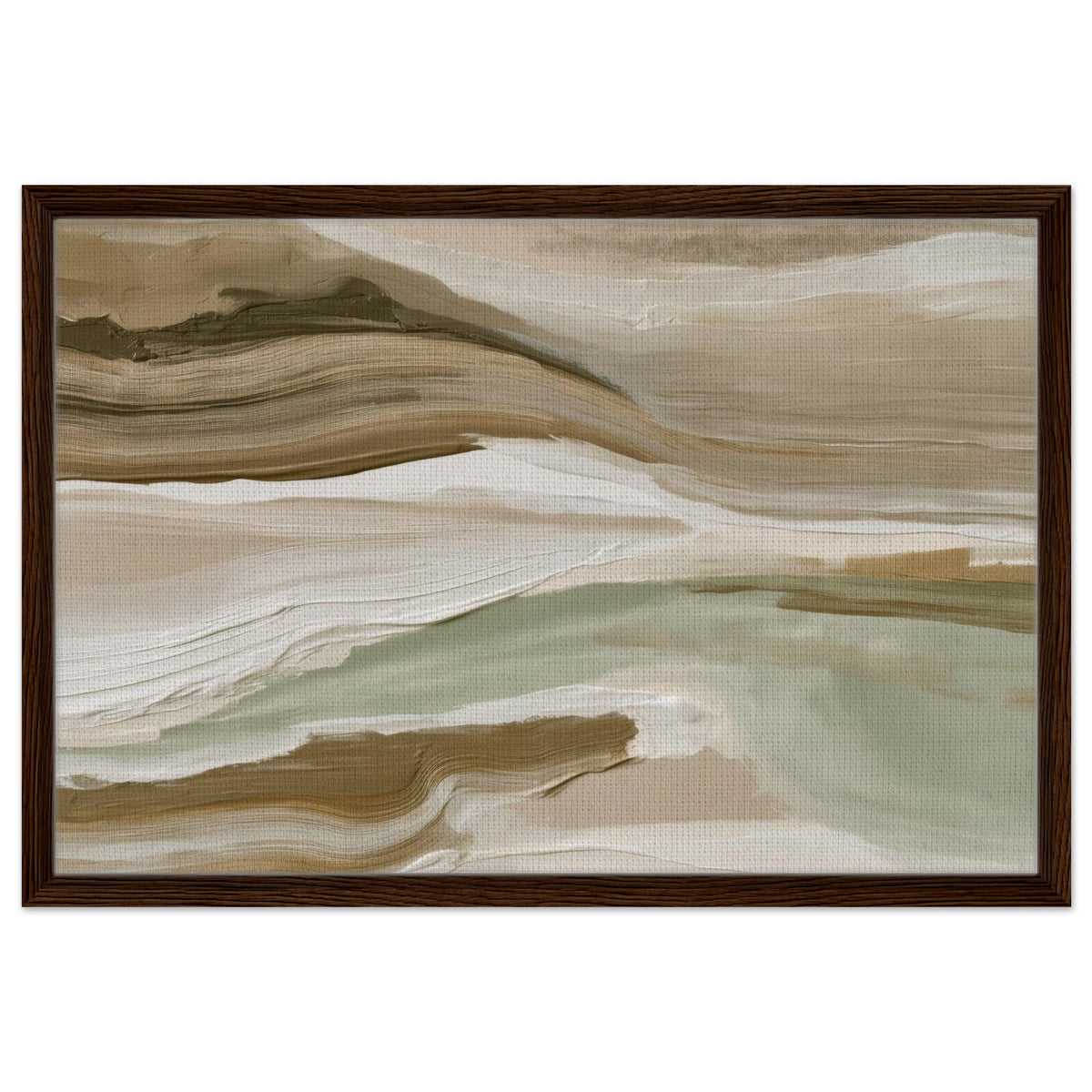 Serene green abstract artwork with flowing landscape inspired forms in black frame