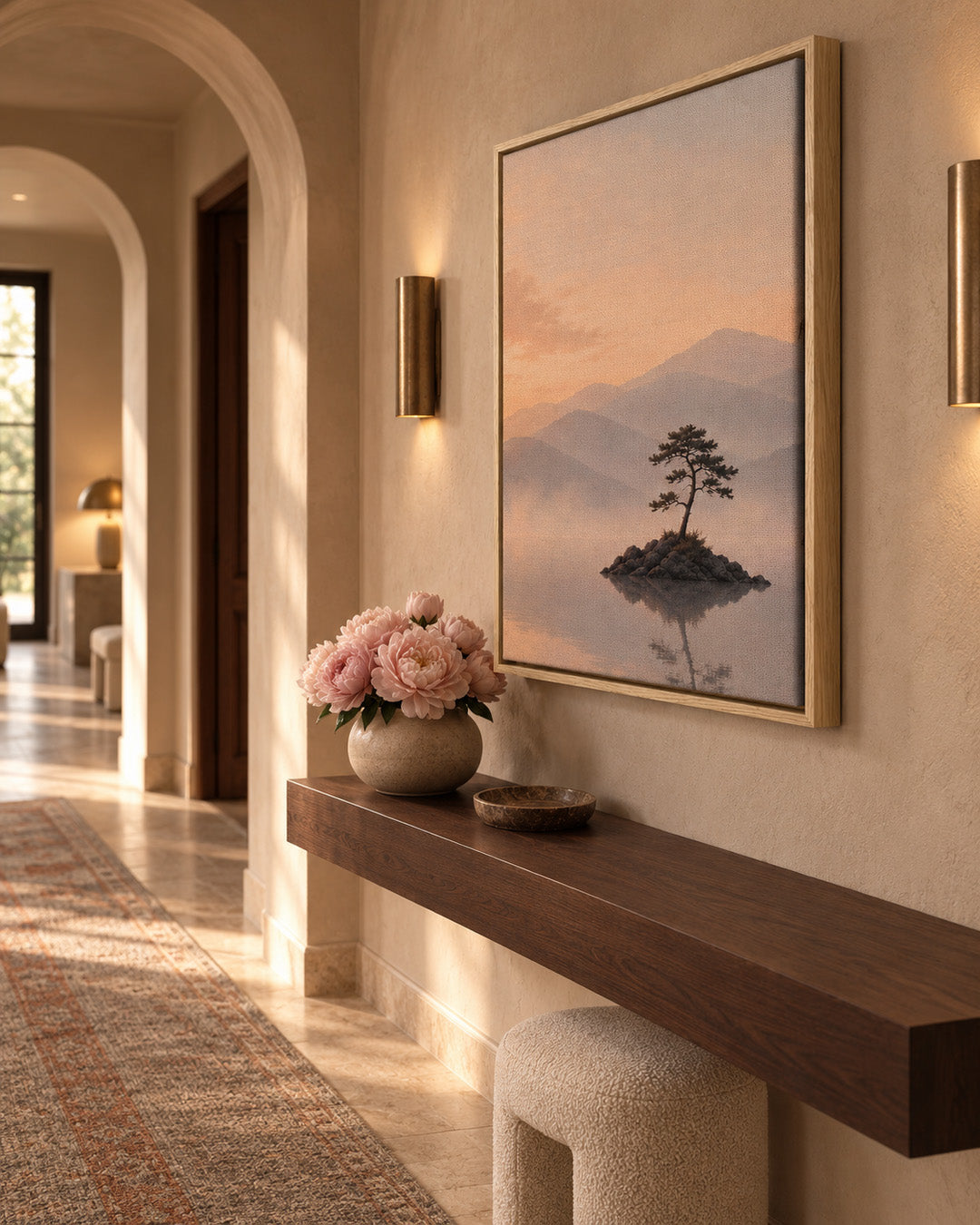 Serene island tree artwork with soft mountain scenery displayed in a bright hallway