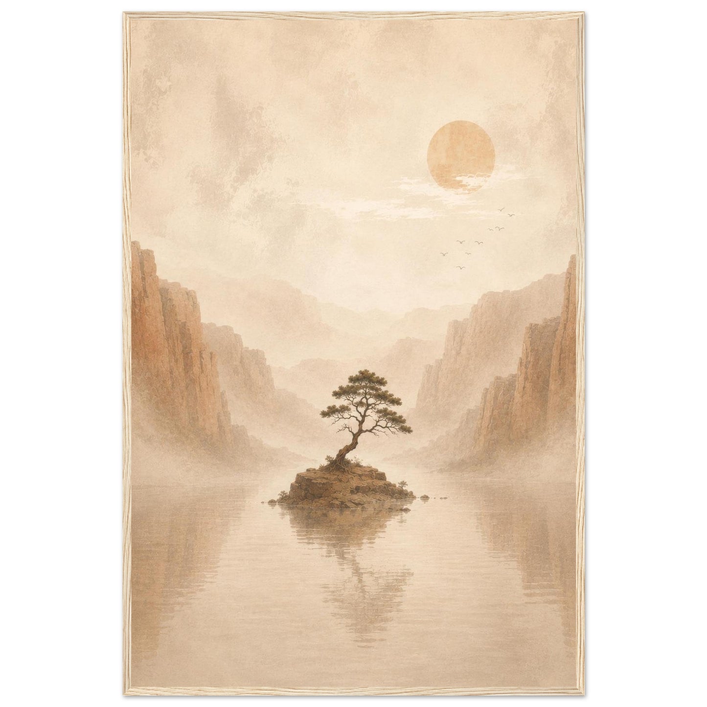 Minimalist Japanese-inspired landscape poster featuring a lone tree on a small island surrounded by calm water and soft beige mountains.