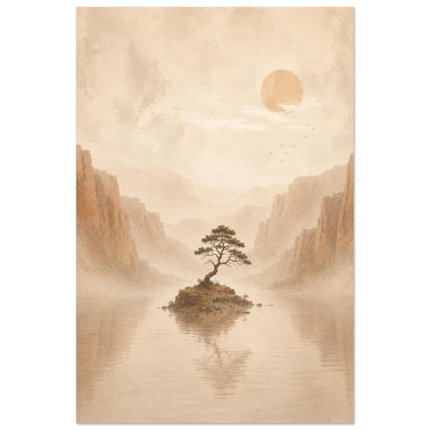 Serene Japanese landscape poster featuring a lone tree on a small island surrounded by calm water and mountains in soft beige tones.