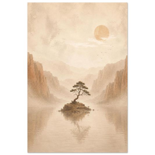 Serene Japanese landscape poster featuring a lone tree on a small island surrounded by calm water and mountains in soft beige tones.