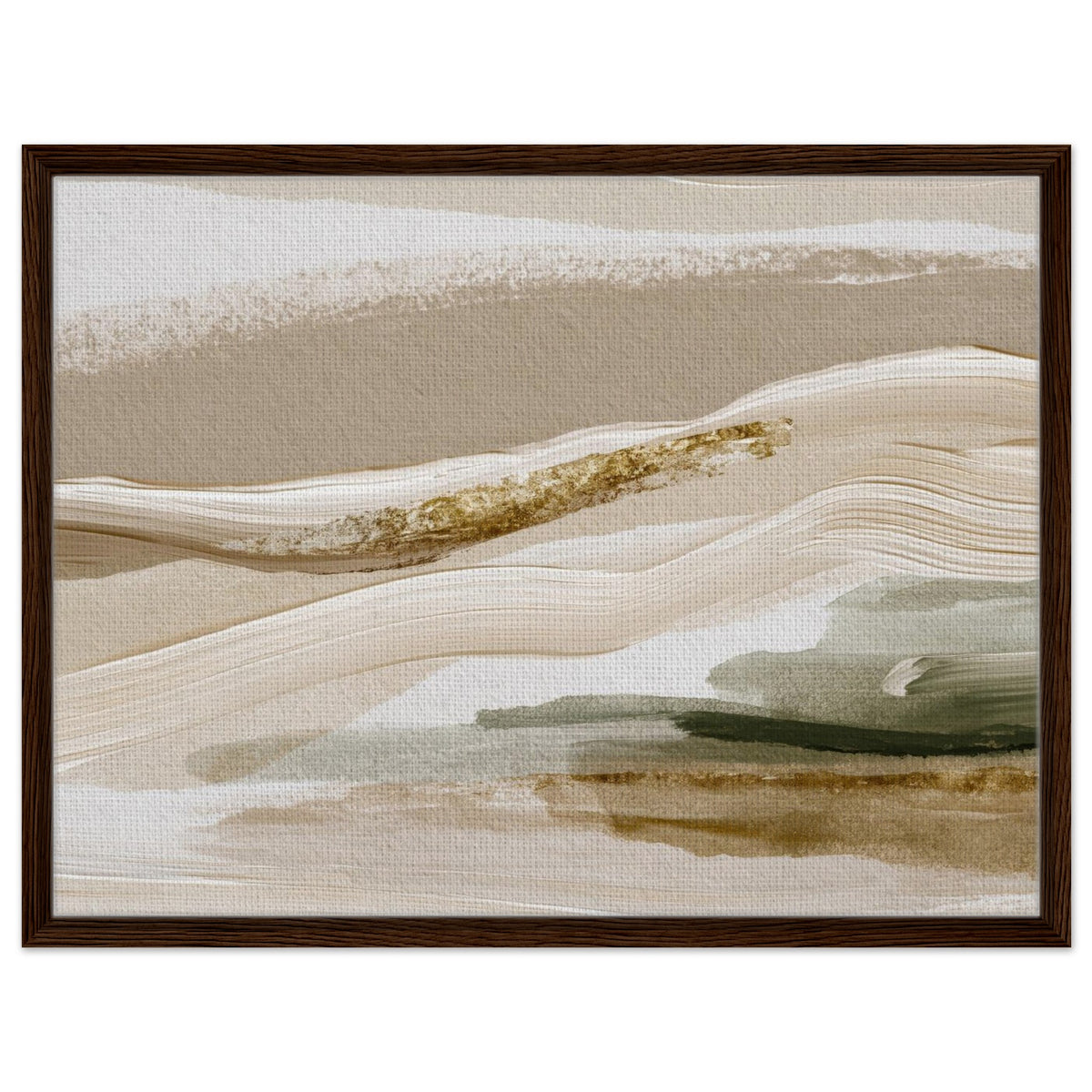 Serene abstract landscape artwork with soft layered forms in dark wood frame