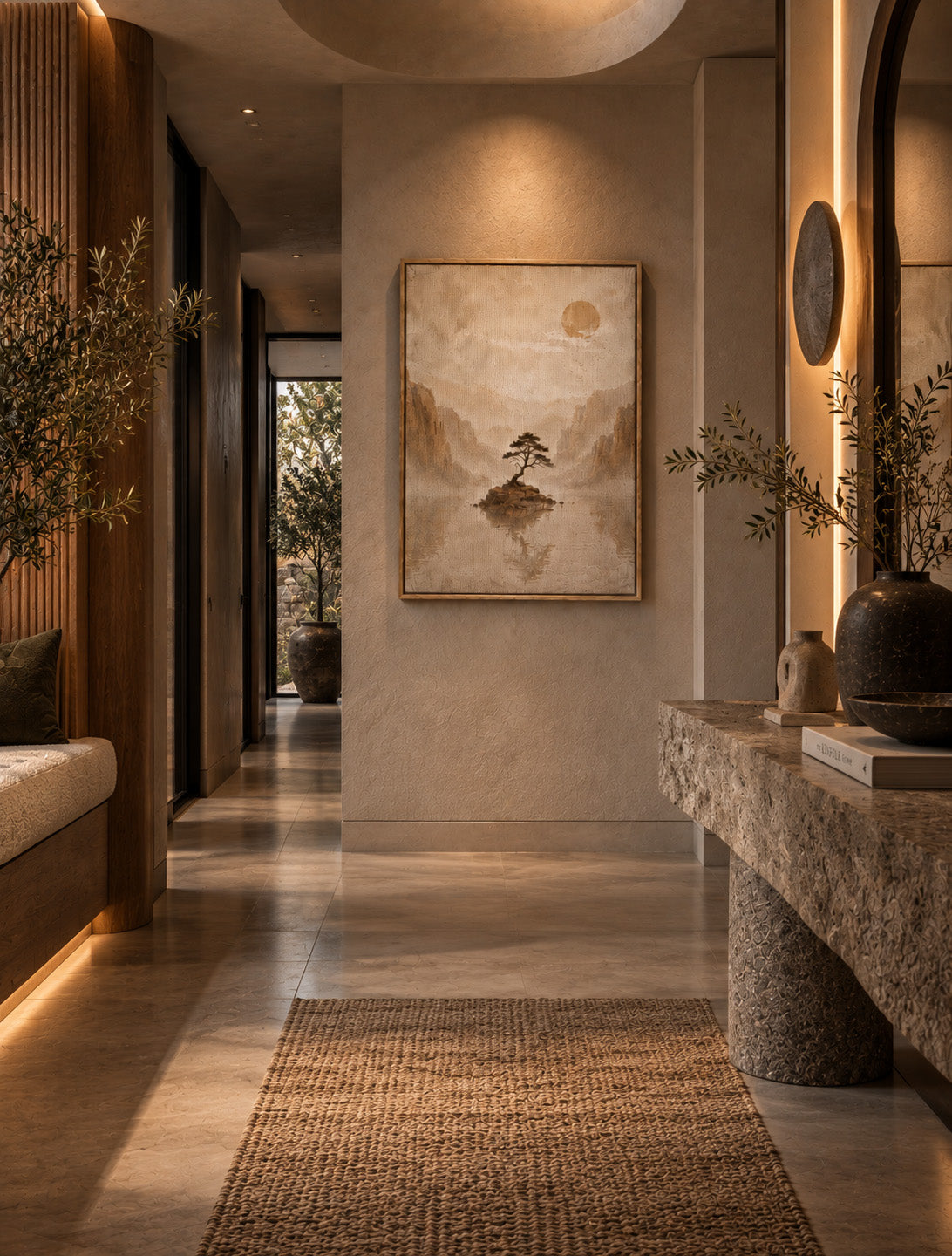 Serene mountain and tree artwork displayed in a warm modern hallway