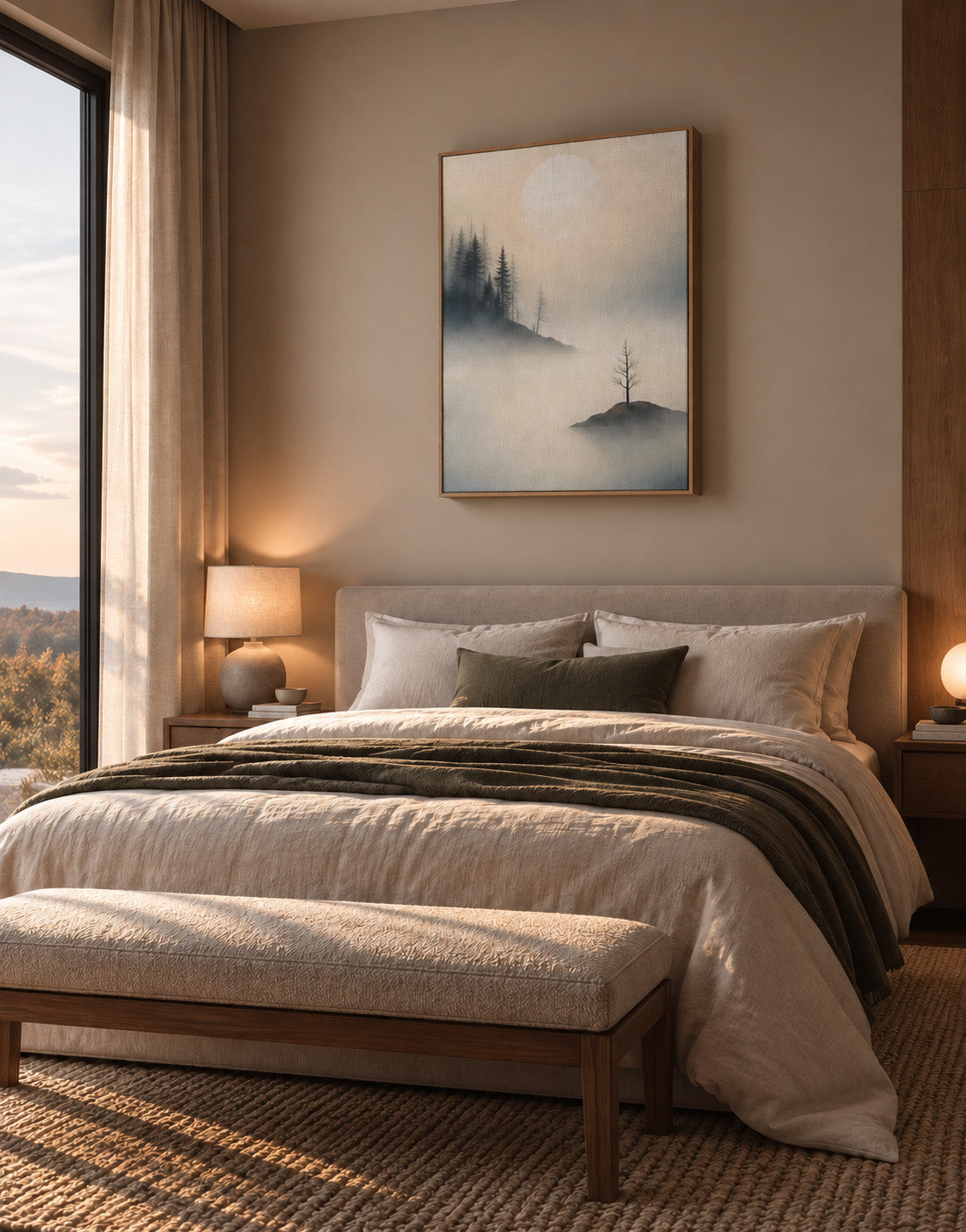 Serene misty landscape artwork displayed above bed in a warm neutral bedroom