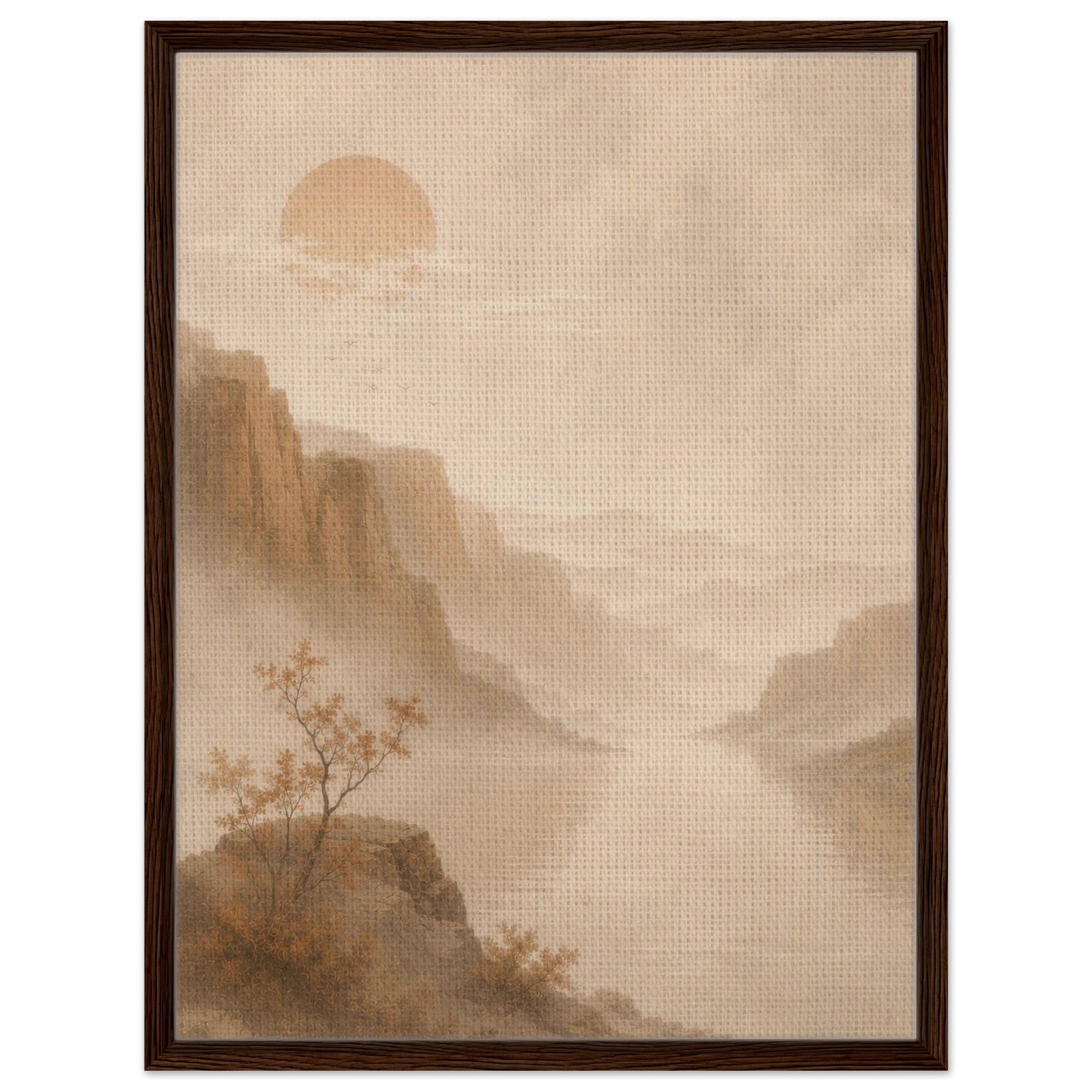 Serene mountain landscape artwork with misty valleys and warm sun in dark wood frame