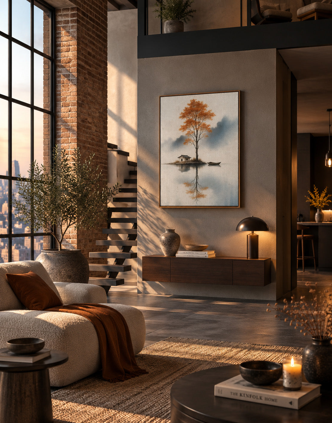 Serene orange tree landscape wall art displayed in a warm modern living room