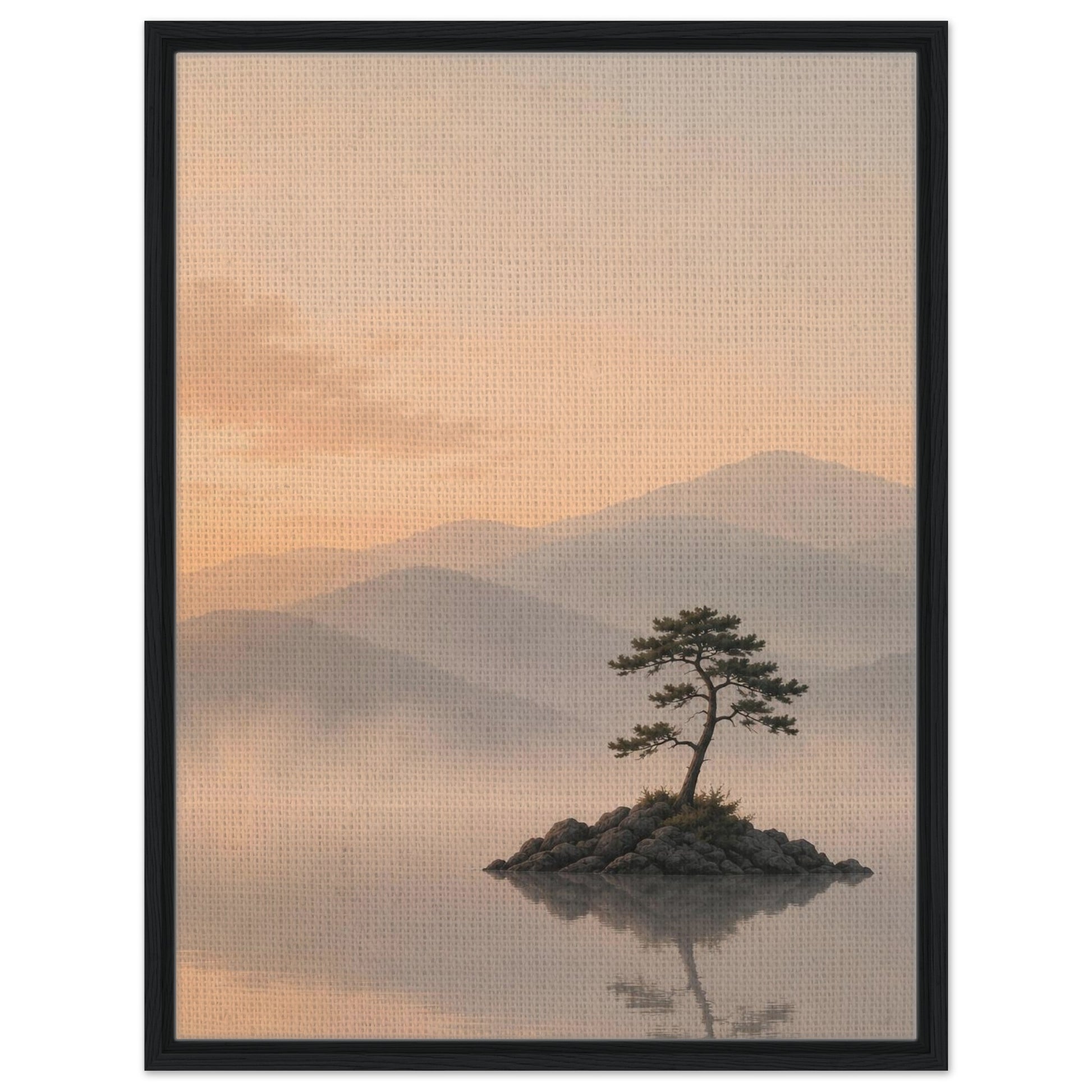 Serene peach sky landscape with lone pine tree and hazy mountains in black frame