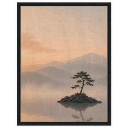 Serene peach sky landscape with lone pine tree and hazy mountains in black frame