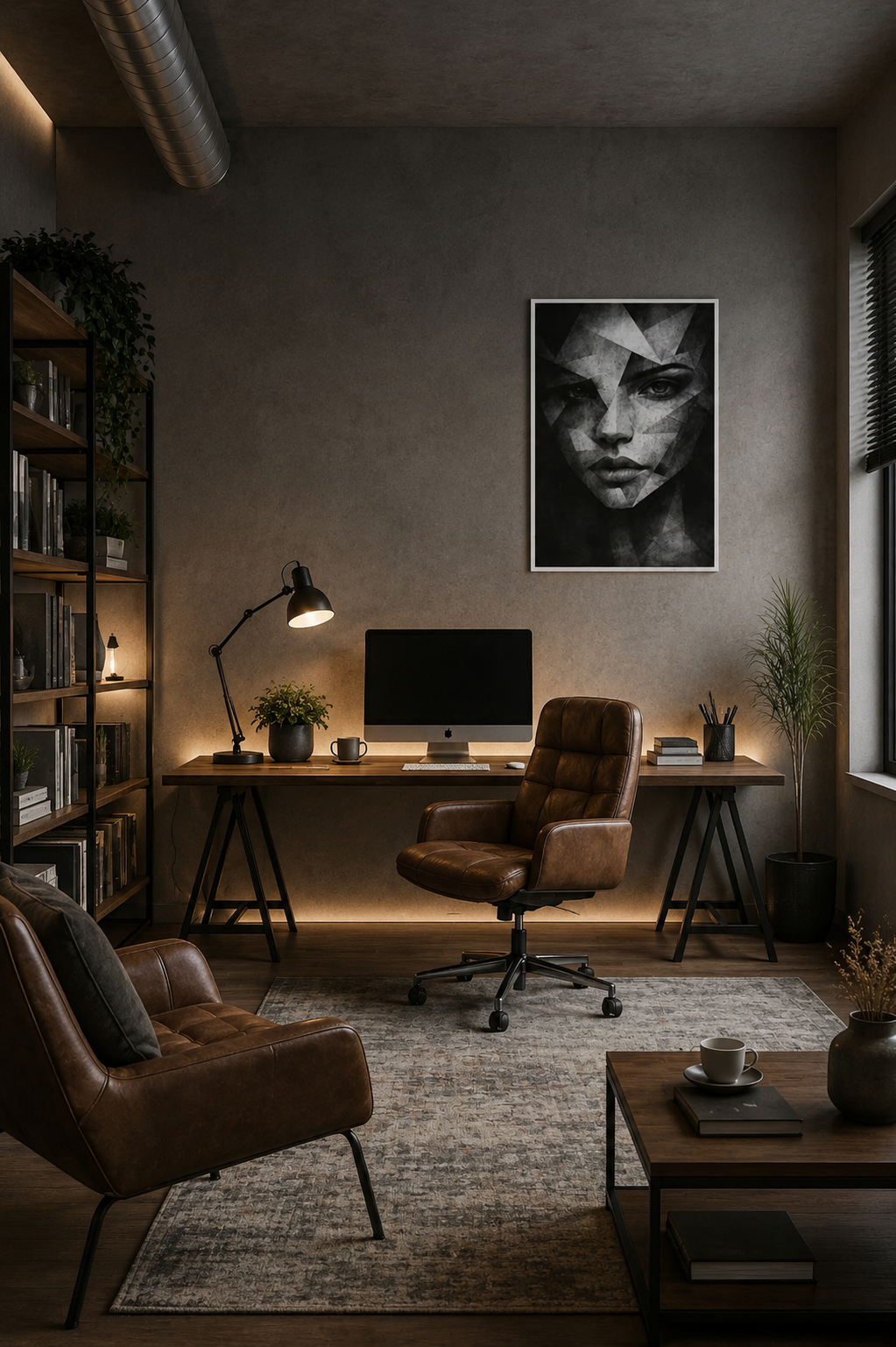 Black and white abstract portrait print in a realistic industrial home office with wooden desk, leather chair, warm ambient lighting, and modern loft interior.