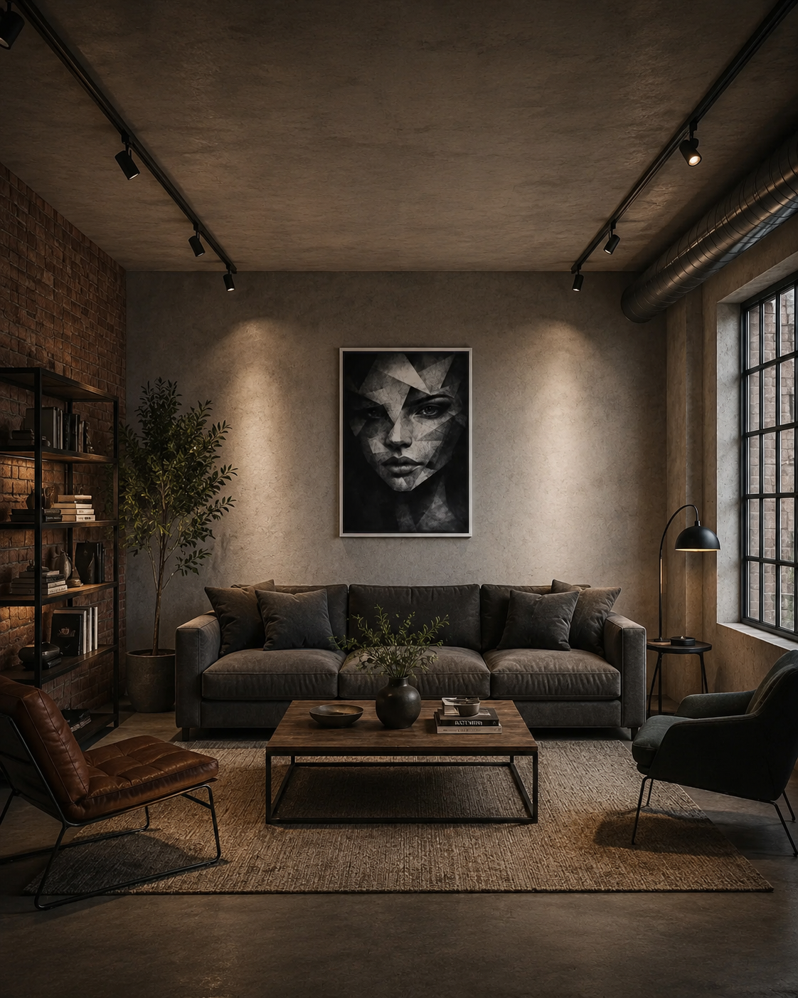 Black and white fragmented face wall art in a realistic industrial living room with dark sofa, exposed brick wall, warm lighting, and modern loft decor.