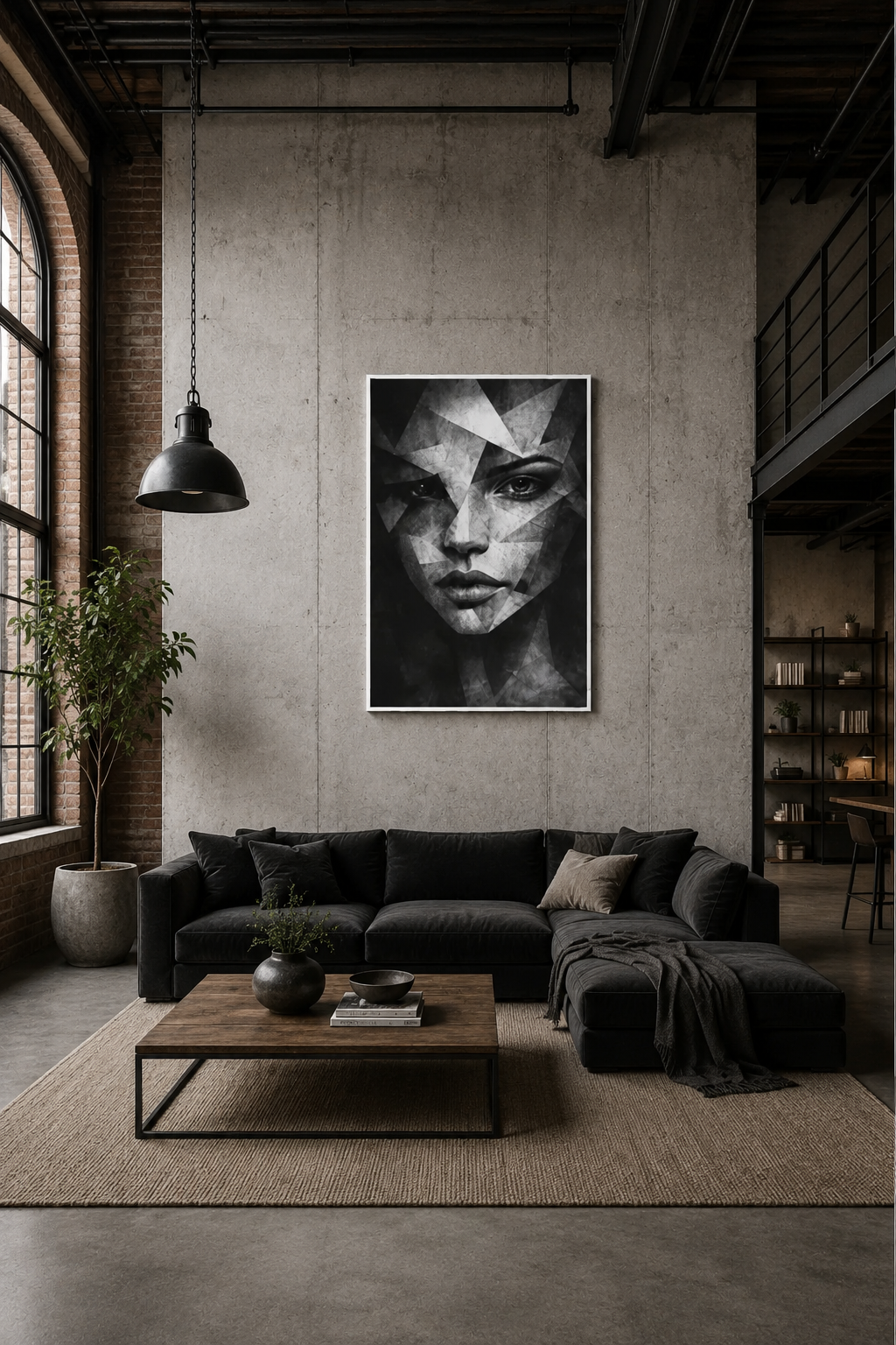Monochrome portrait wall art displayed in a cozy loft-style living room with concrete walls, dark sectional sofa, wooden coffee table, and industrial accents.