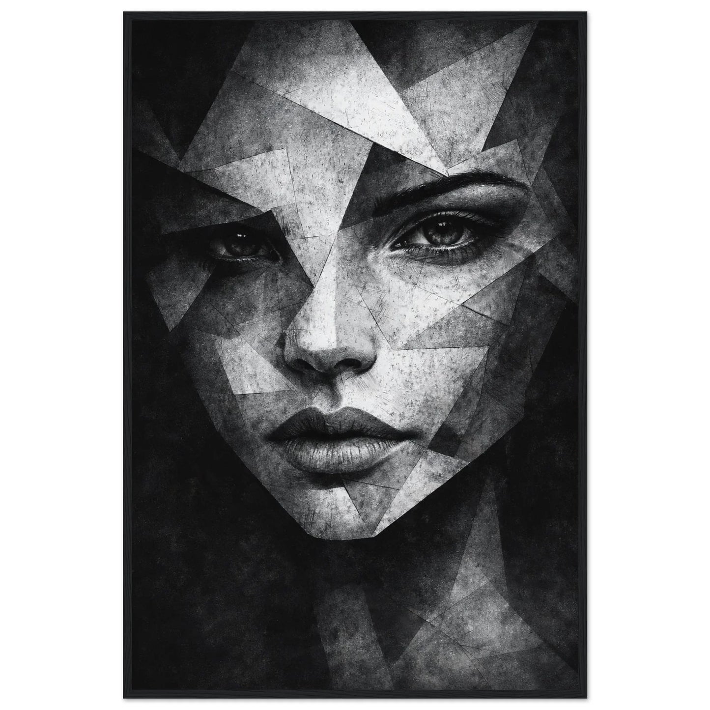 Shattered Grace dramatic black and white portrait framed wall art in a black wooden frame, a face fragmented into angular planes