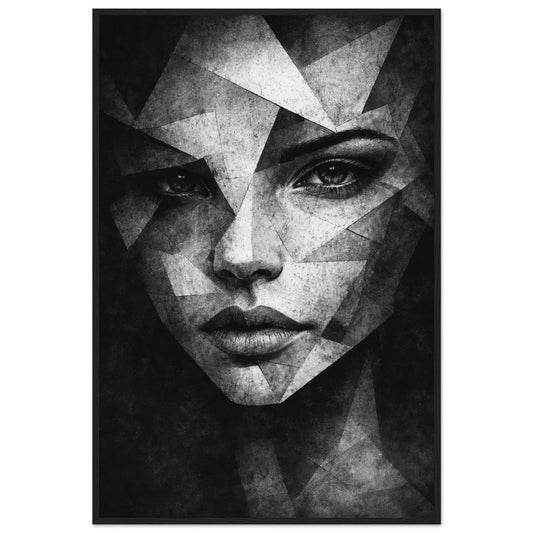 Shattered Grace dramatic black and white portrait framed wall art in a black wooden frame, a face fragmented into angular planes