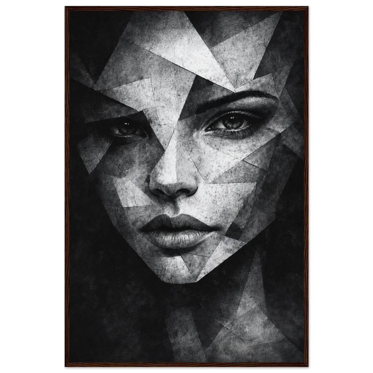 The fragmented portrait in a dark brown wooden frame