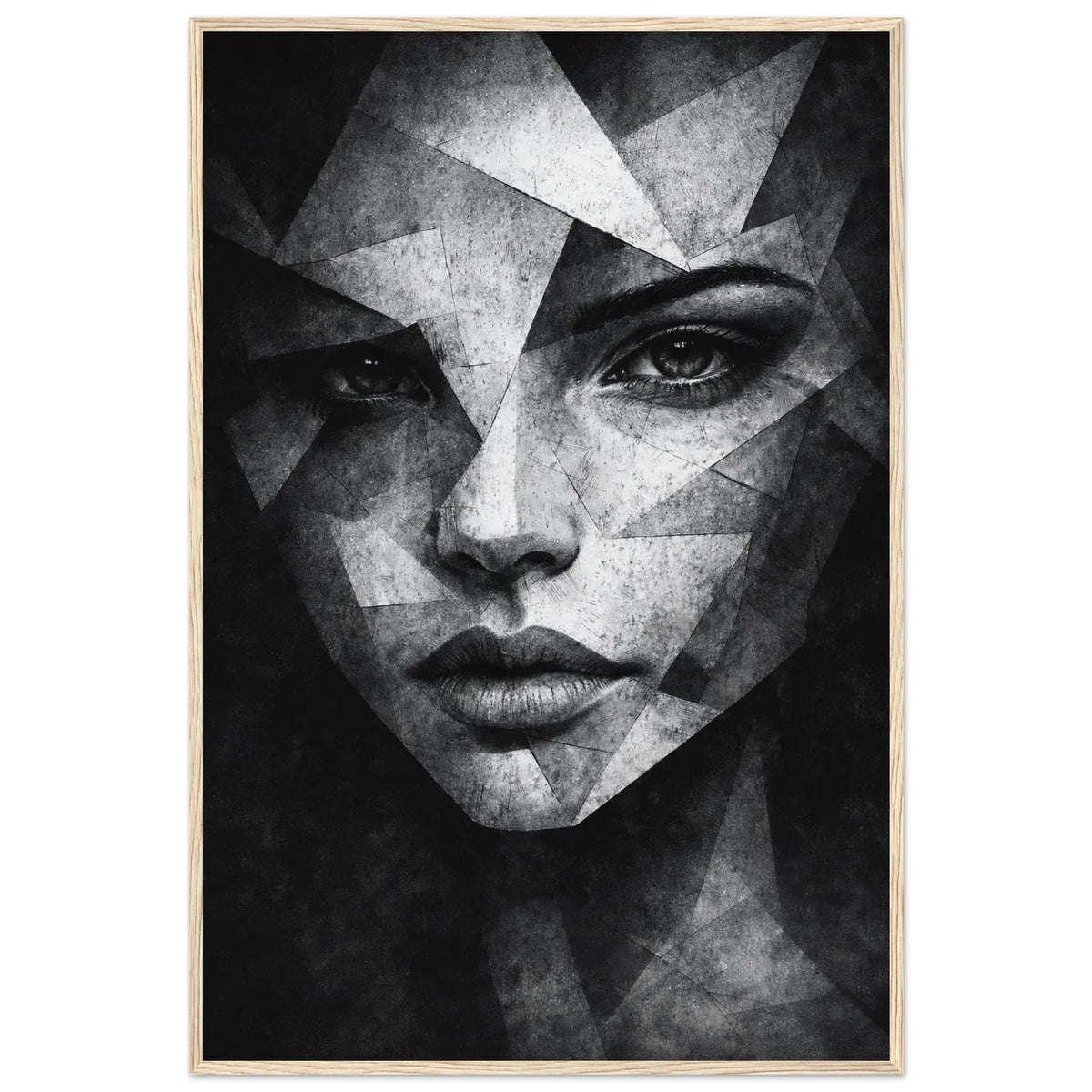 The fragmented portrait in a natural light wood frame