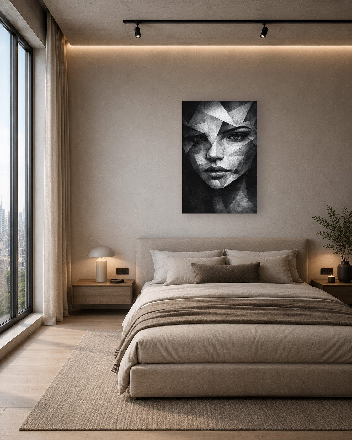 Black and white geometric portrait wall art above a modern bed in a minimalist bedroom interior.