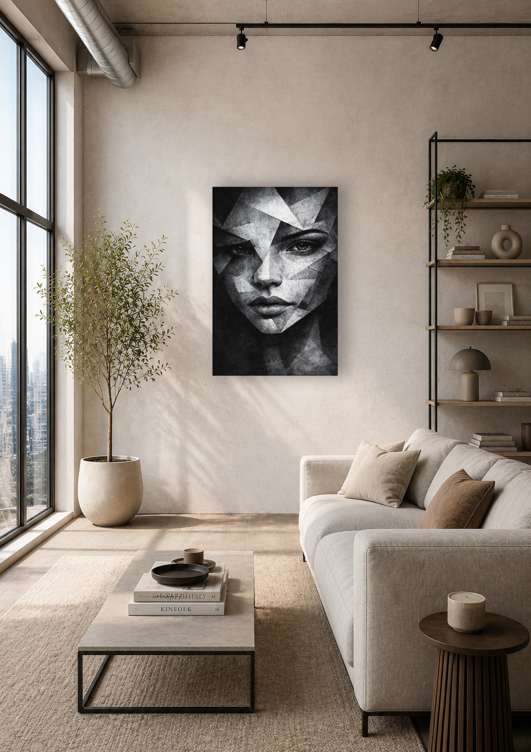 Modern black and white geometric portrait poster styled in a bright minimalist living room with neutral decor.