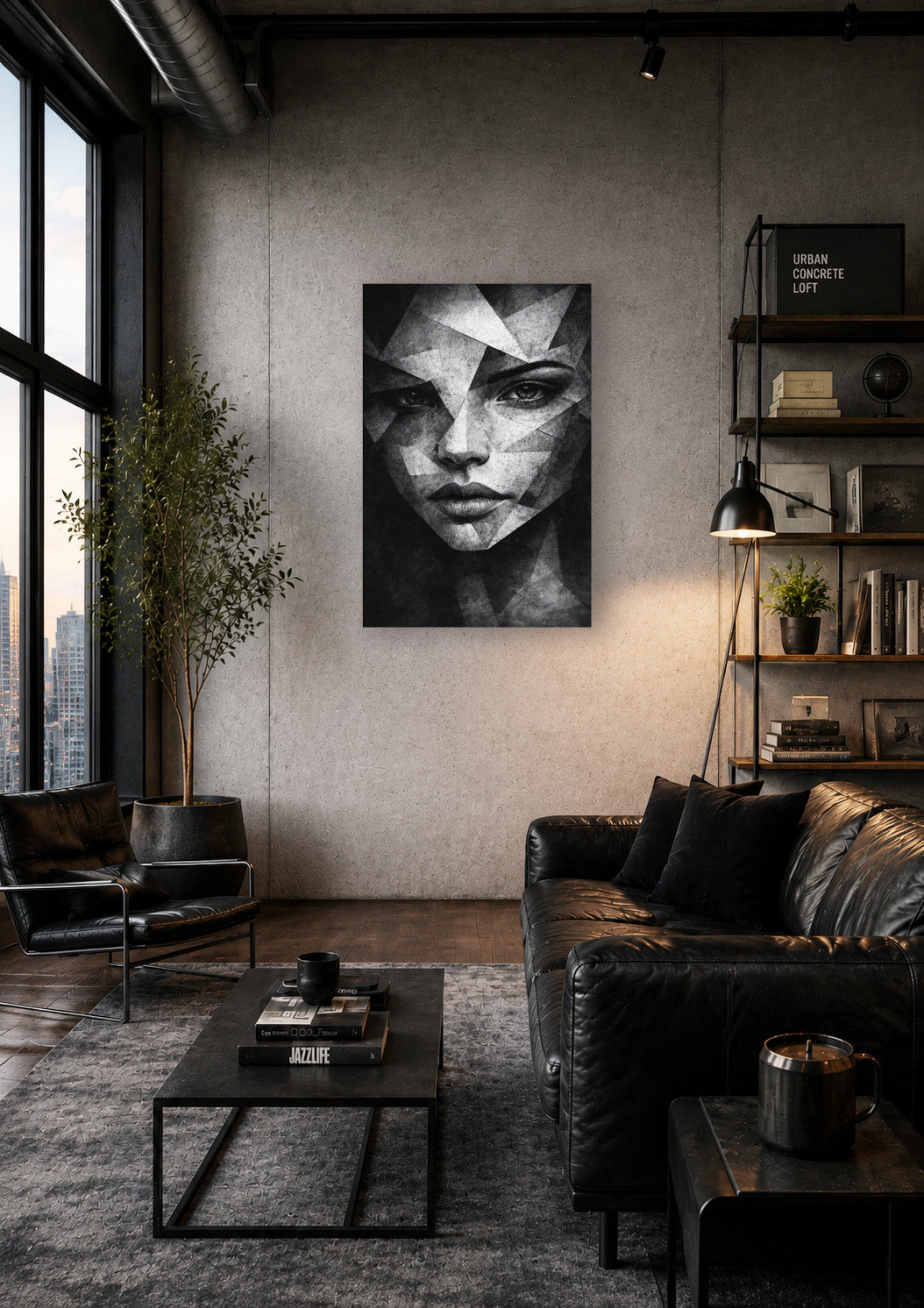shattered-grace-geometric-portrait-urban-industrial-living-room-mockup.webp