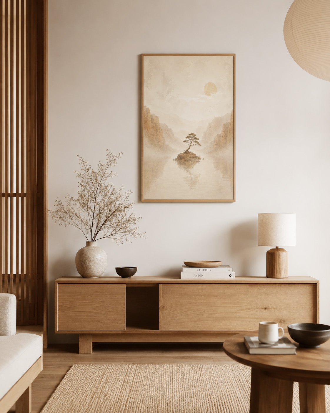 Japanese landscape wall art displayed above a wooden sideboard in a bright Japandi living room.