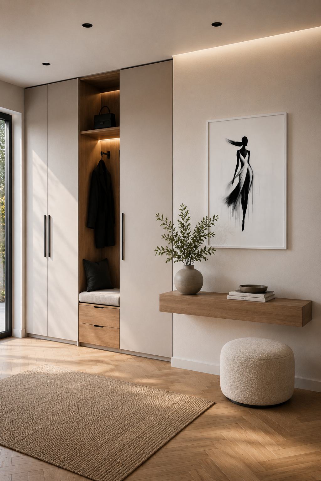 Minimalist black and white fashion wall art with a white wooden frame displayed above a floating wood console in a bright entryway with a built-in wardrobe, natural daylight, and Scandinavian decor.