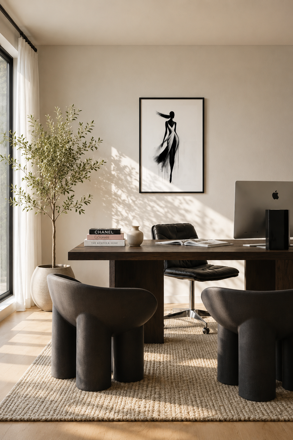 Black and white fashion wall art with a black wooden frame displayed above a dark wood desk in a cozy home office with soft natural light and modern Scandinavian styling.