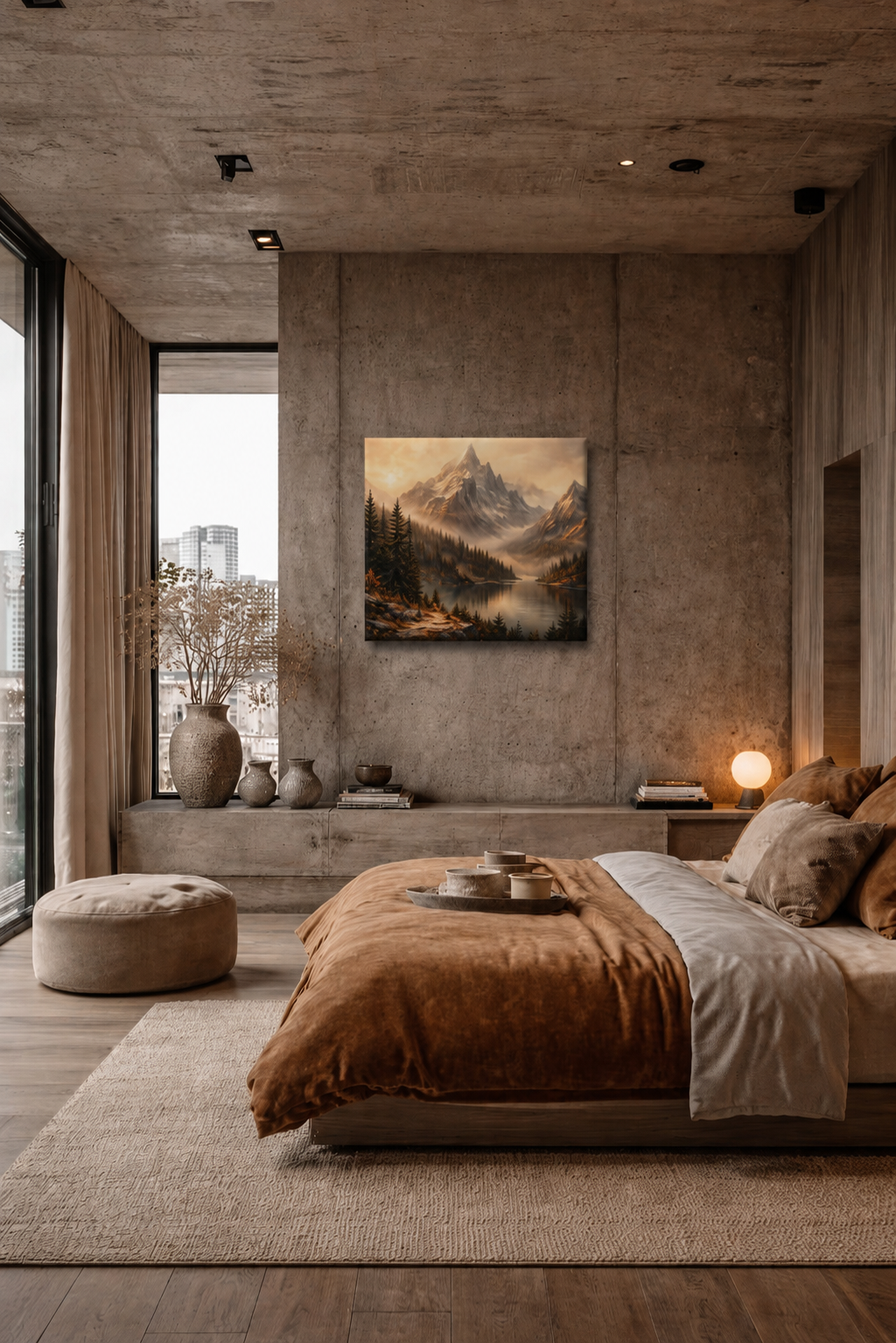 Silent Horizon canvas print in modern concrete bedroom interior with warm neutral tones
