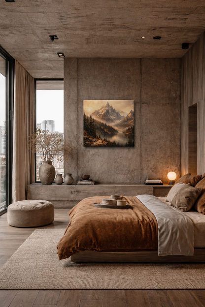 Silent Horizon canvas print in modern concrete bedroom interior with warm neutral tones