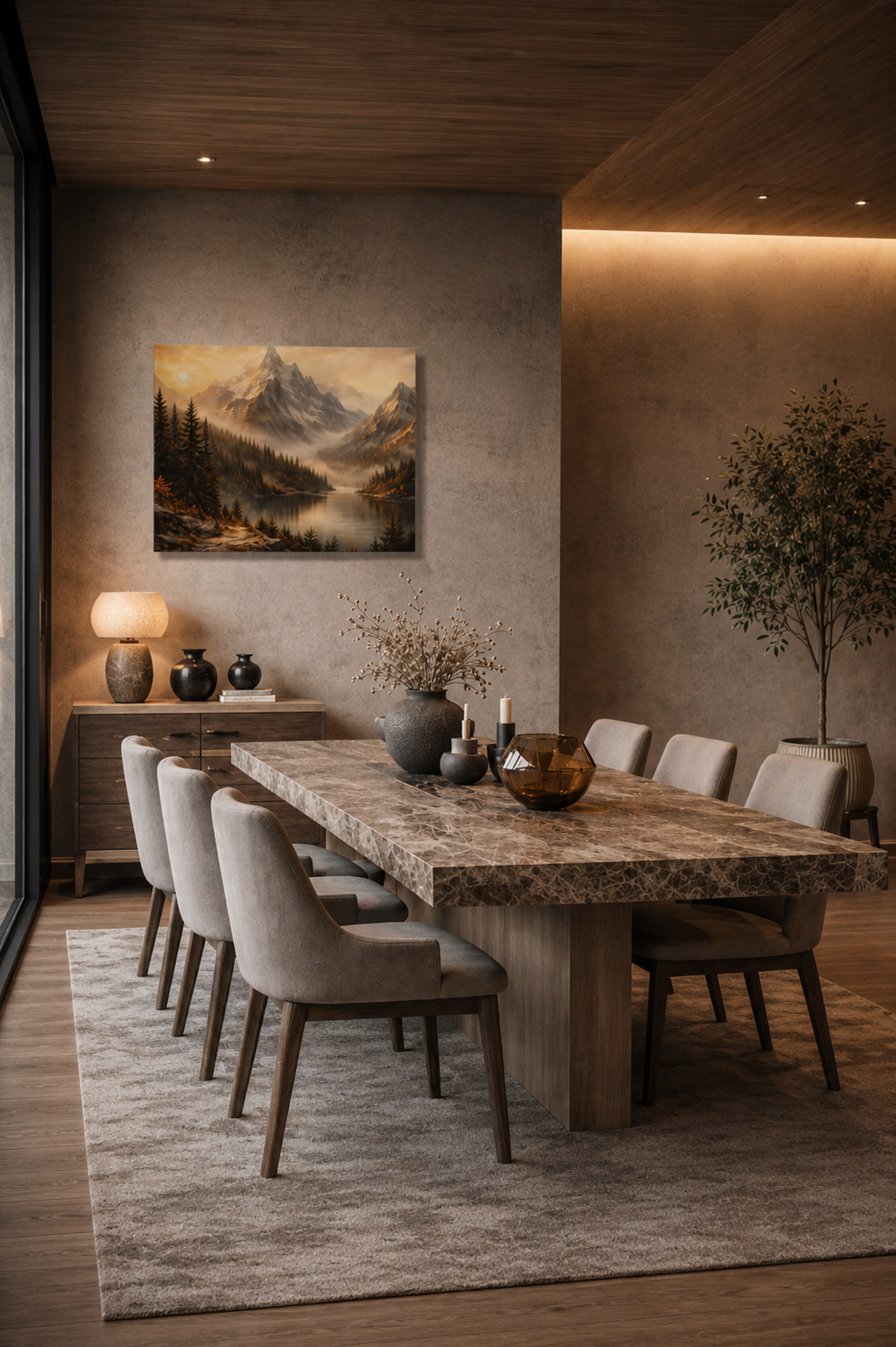 Silent Horizon canvas print in modern dining room with stone table and neutral interior