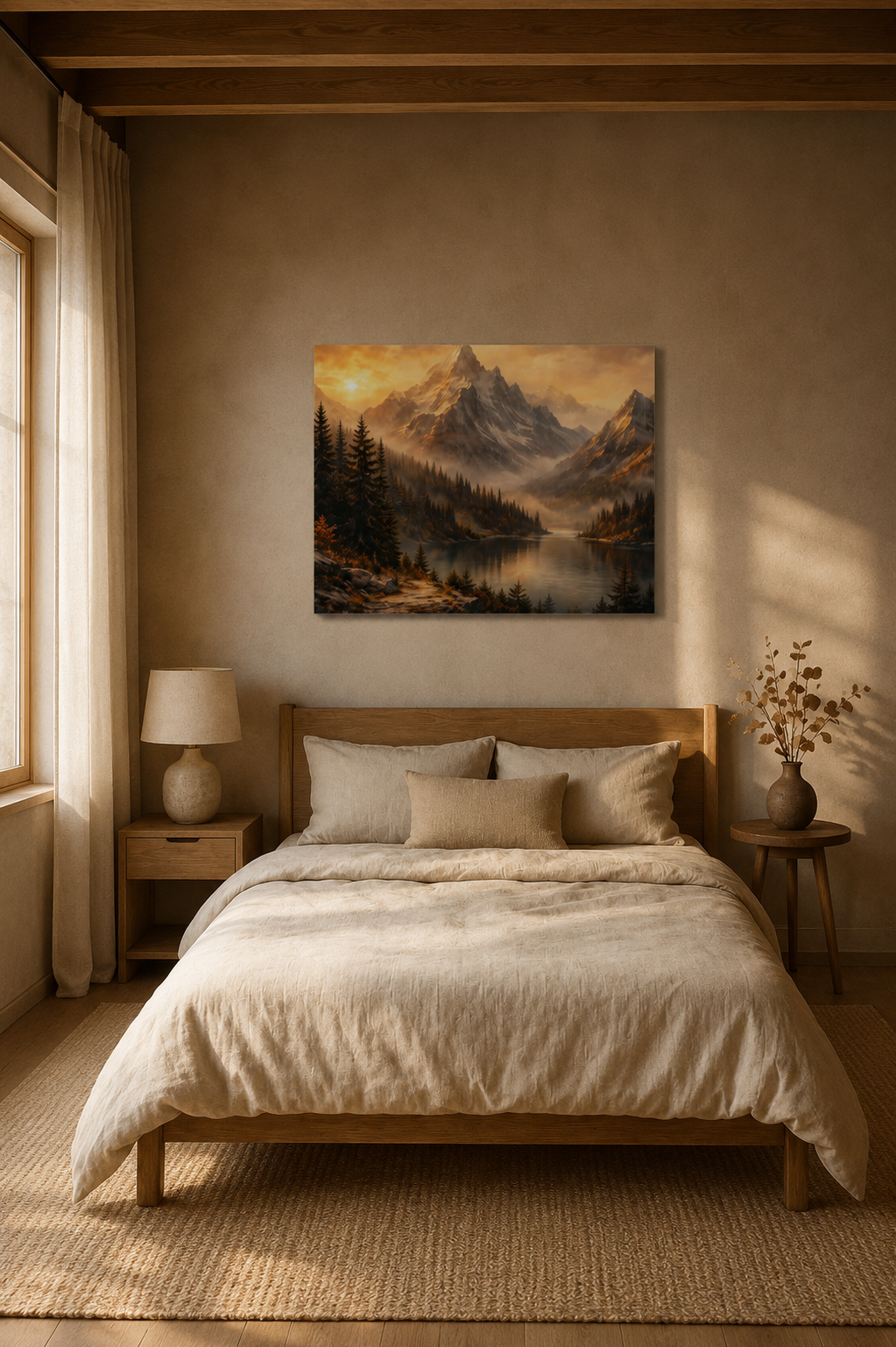 Silent Horizon canvas wall art above bed in Scandinavian style bedroom
