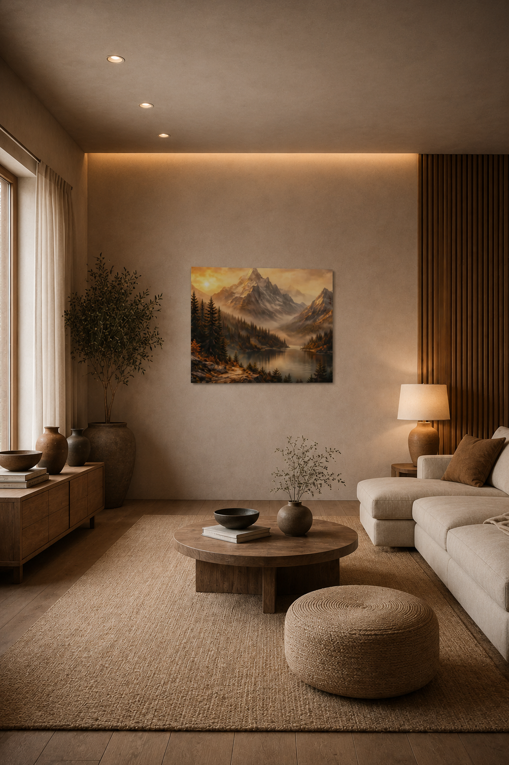 Silent Horizon canvas wall art in warm minimalist living room with beige decor