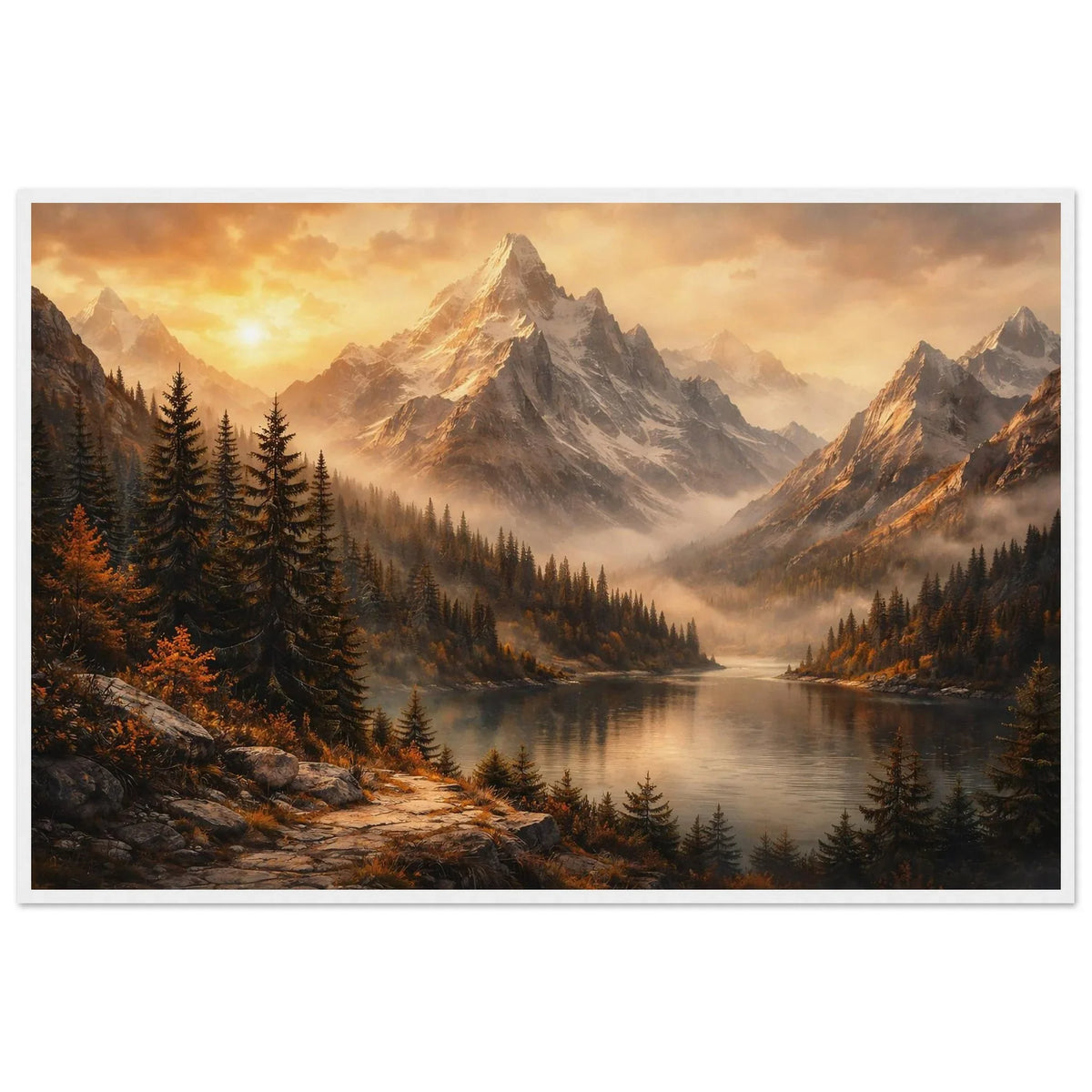 Silent Horizon framed print in a white frame in warm gold, brown and soft grey tones