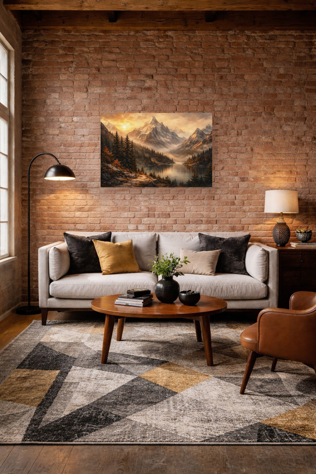 Silent Horizon poster above a sofa in an industrial loft with an exposed brick wall
