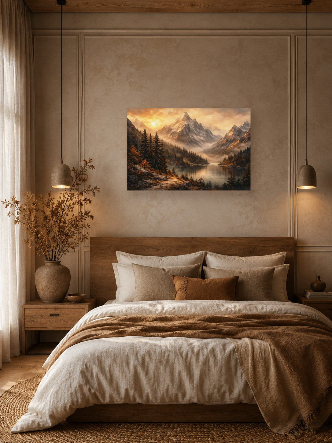 Silent Horizon poster above the bed in a warm neutral bedroom