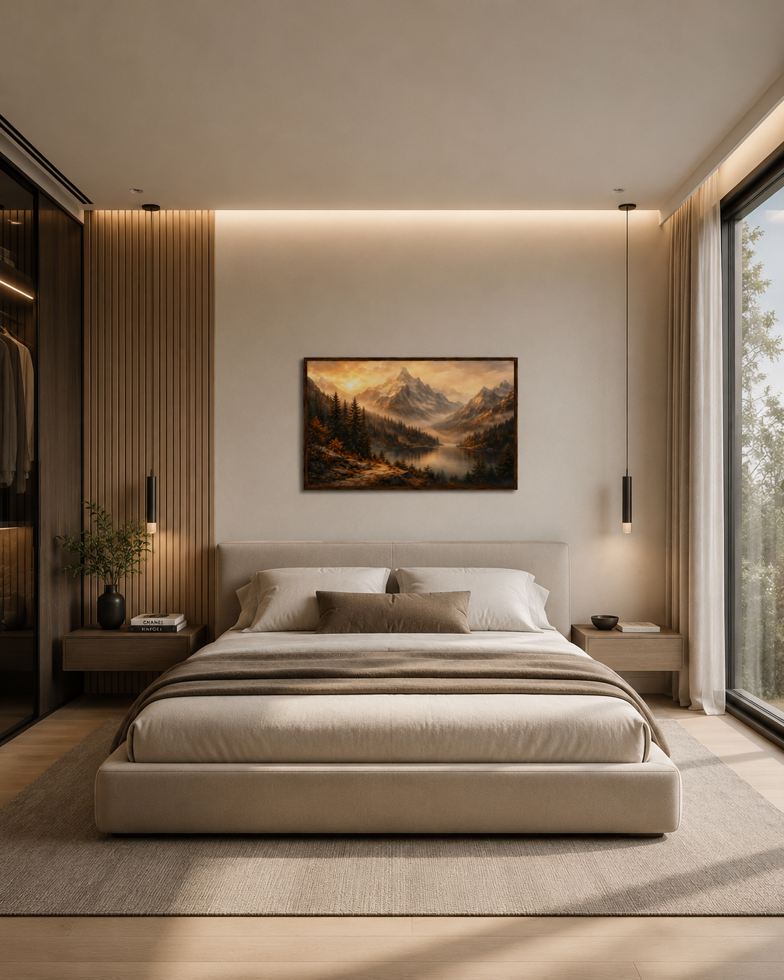 Silent Horizon mountain landscape wall art with dark wood frame displayed above bed in modern minimalist bedroom interior