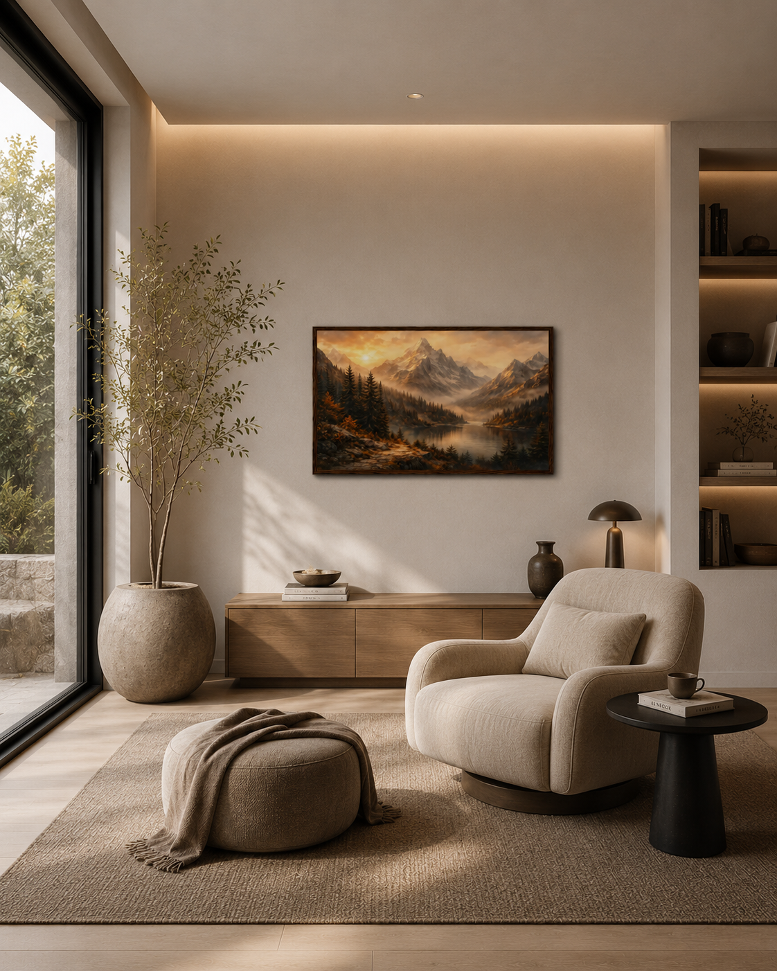 Silent Horizon mountain landscape wall art with dark wood frame in a modern relaxation space with lounge chair and neutral decor