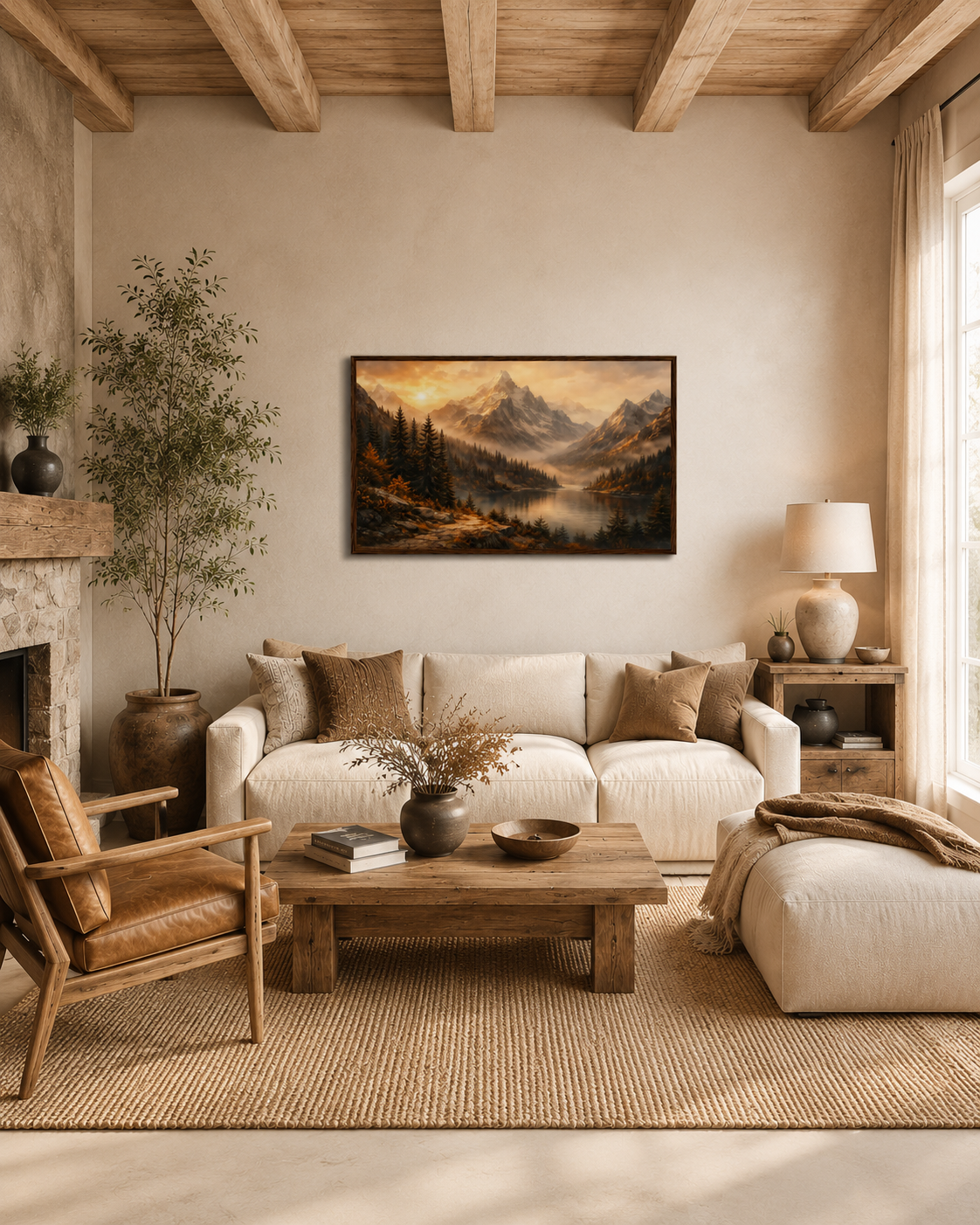 Silent Horizon mountain landscape wall art with dark wood frame displayed in a warm rustic modern living room above beige sofa