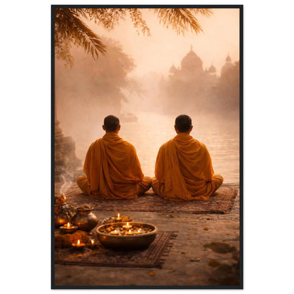 Framed print of the silent morning ritual with the two monks in saffron robes and candles by the water