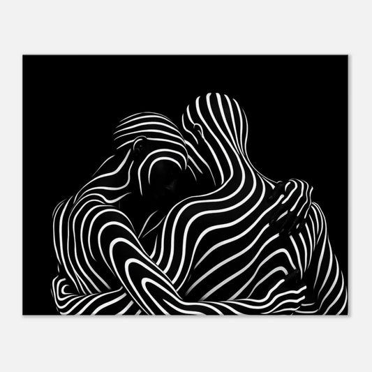 Silent Motion black abstract canvas wall art with two embracing figures drawn in white flowing lines on black